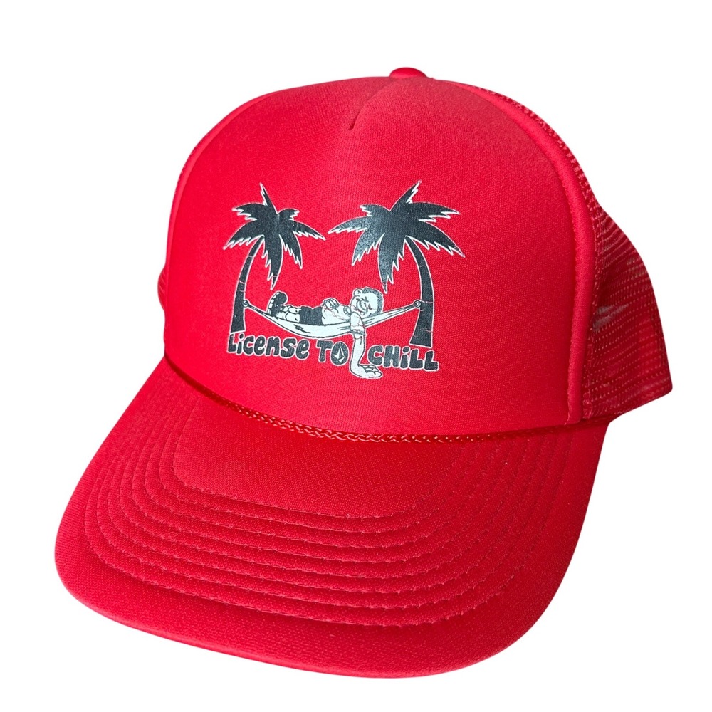 VTG‎ Otto Red Trucker Hat License To Chill Palm Tree Graphic Snapback Cap 39-165